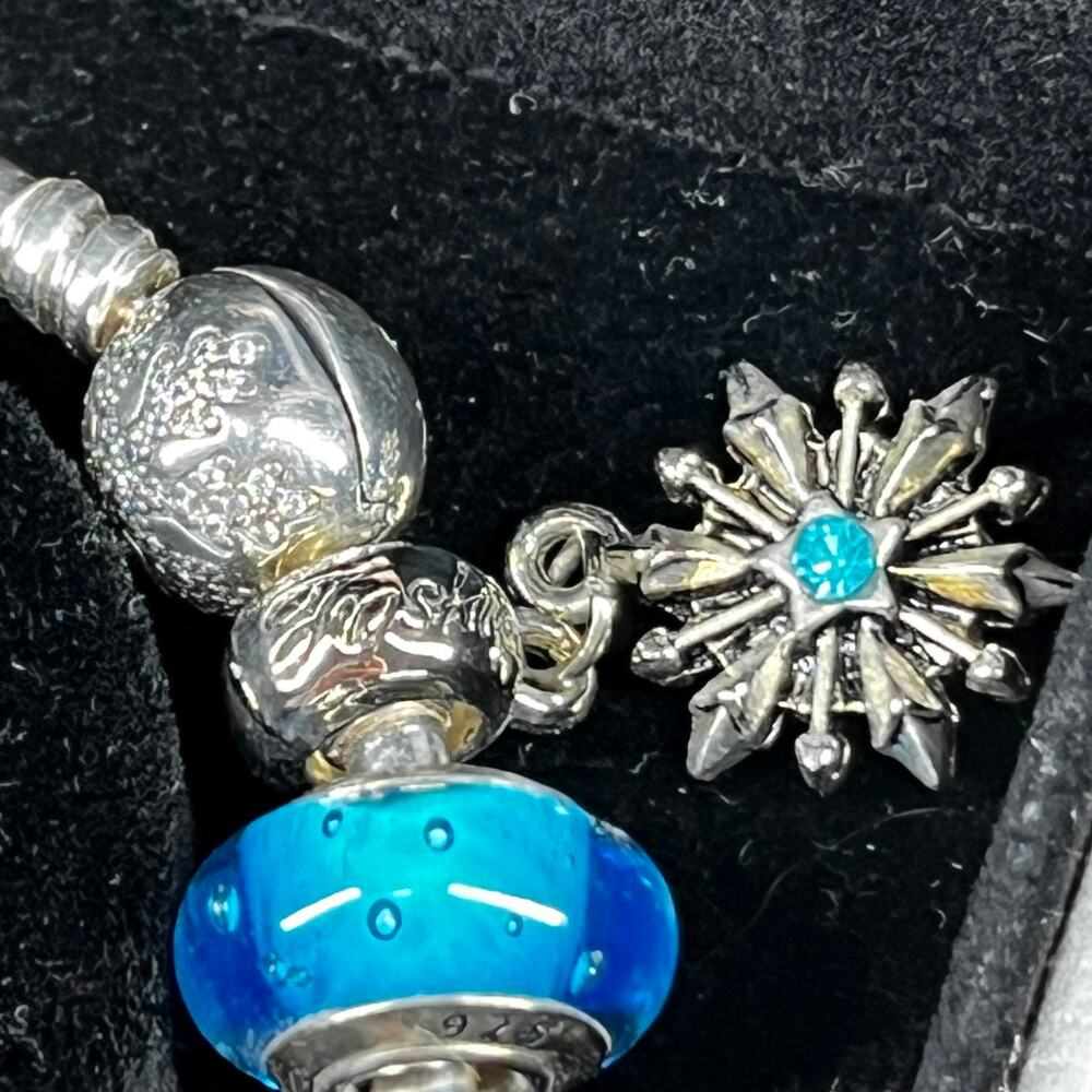 Pandora Limited Ed "Unique as You Are" Snowflake Bangle 925 Murano Blue Bead - Picture 16 of 16